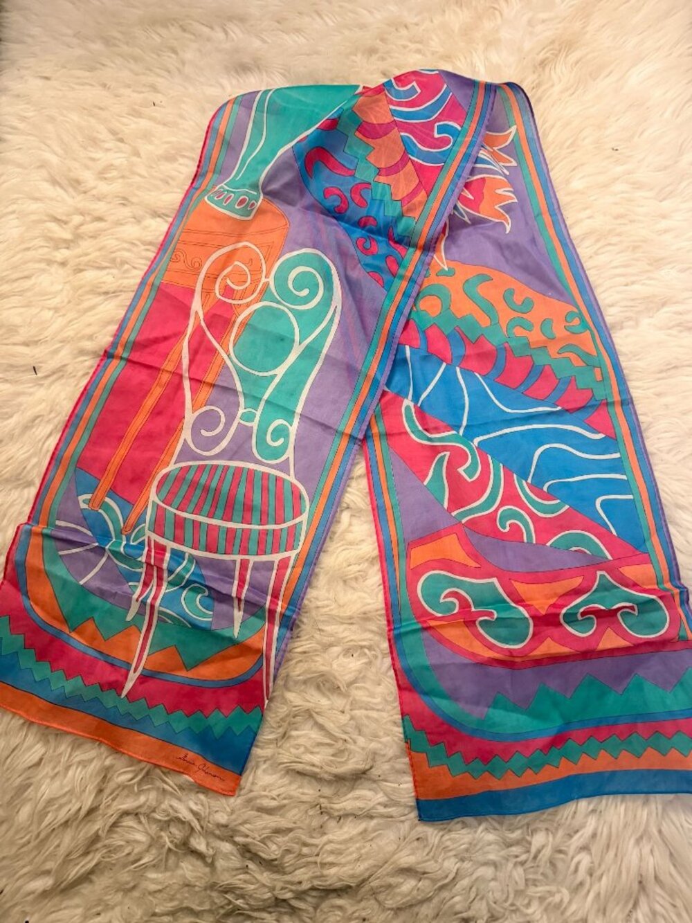Vintage Ginnie Johansen Rectangle Scarf Colorful Floral Vase Chair